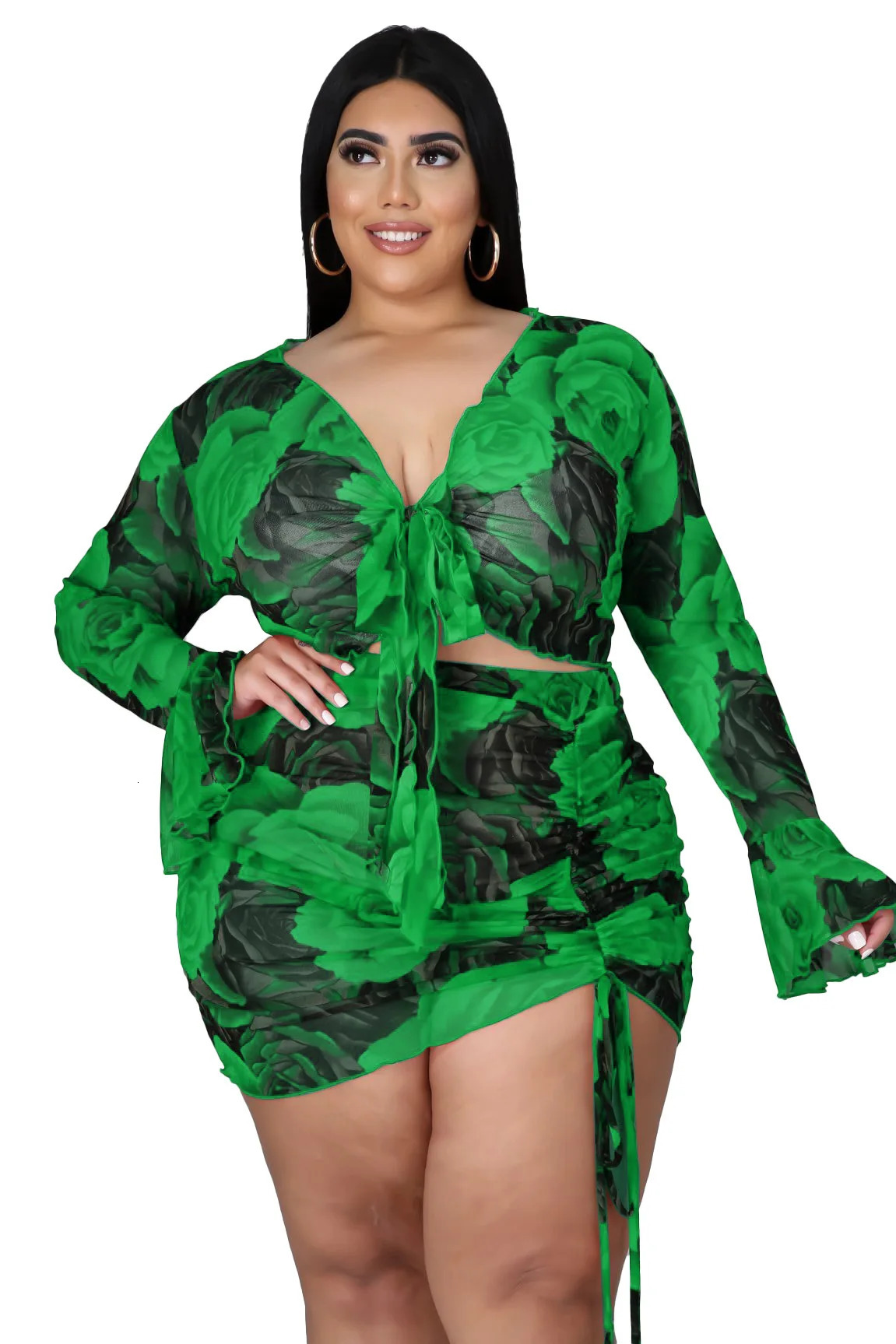 Floral Print Plus Size Matching Set Women Elegant Ruched Skirt Summer Female Casual Mesh Crop Top Large Two Piece Short 250122
