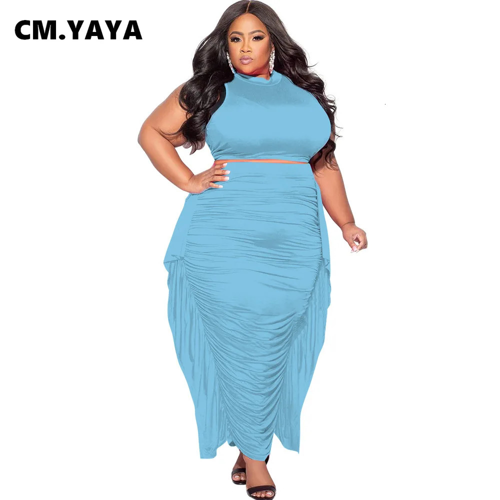 CMYAYA Plus Size Elegant Women Two 2 Piece Set Outfits 2024 Summer Tshirt Long Skirts Suits Casual Ruffles Fitness Tracksuit 250122