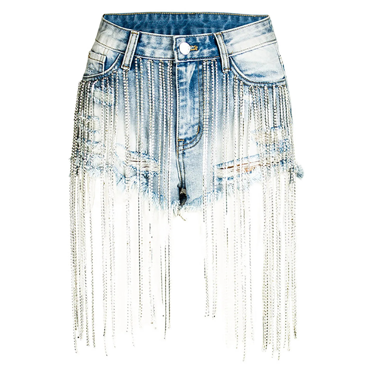 Ripped Tassel Diamond Chain Jeans Shorts Summer WomenS Denim Shorts Midi Waist Casual Raw Hem Jeans Fashion Y2k Streetwear 250122