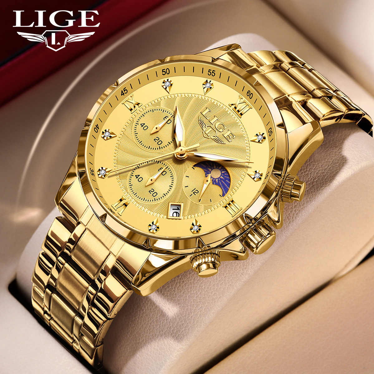 LIGE Fashion Men's Quartz Watch Multi functional Waterproof Calendar Moon Phase Watch Stainless Steel Strap Business Watch