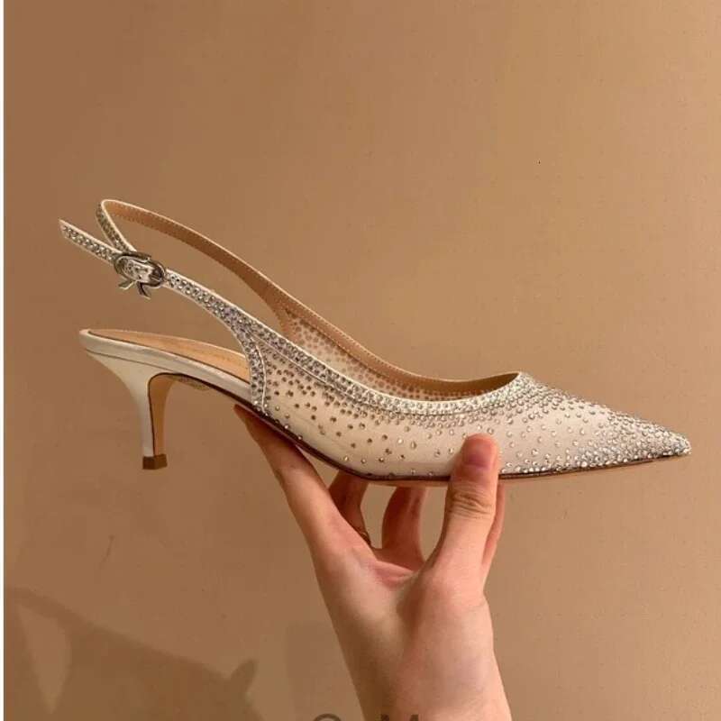 Pointed Toe Mesh Rhies Muller Pumps Female Designer After Empty High-heeled Sandals for Women Wedding Dress Shoes
