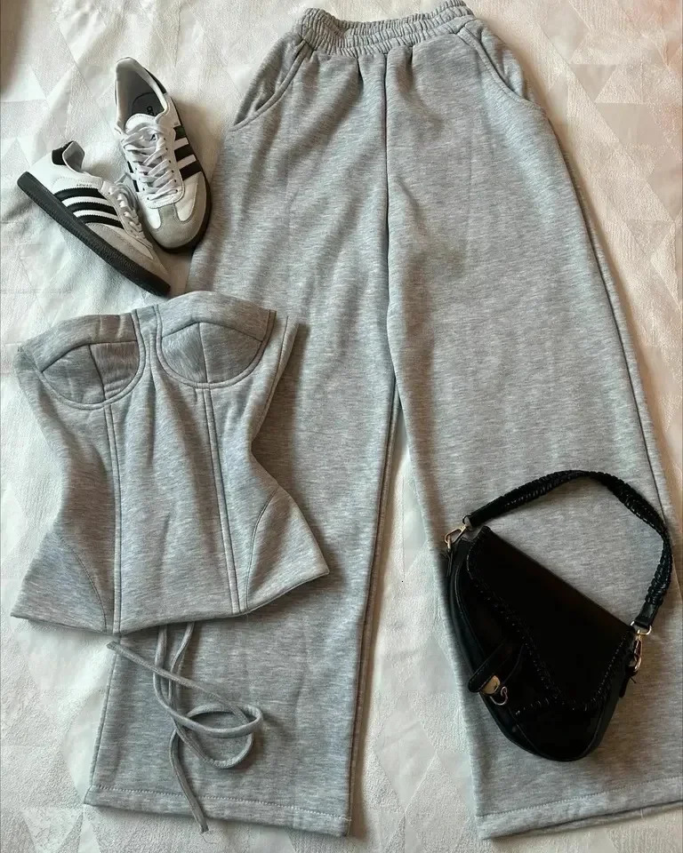Y2k Pants Two Piece Set Womens Fashion Harajuku Sexy Slim Tube Tops Gothic High Waisted Sweatpants Girl Autumn Winter Suit 250108