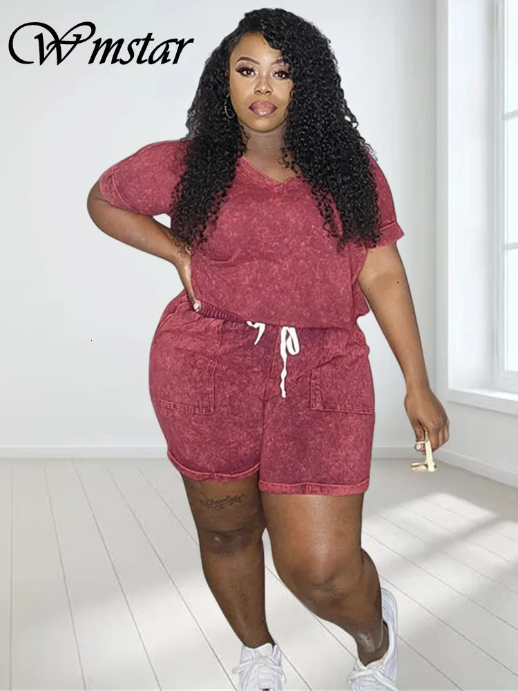 Wmstar Plus size twopiece womens shorts set solid casual top and pants matching wholesale jump 250122