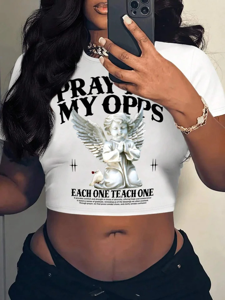 Womens T-Shirt Crop Tops Summer Short Sleeve Casual T-Shirt With Angel Print And Slogan Round Neck Slim Fit Female Y2k Clothing 250121