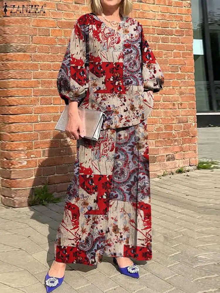 Plus Size ZANZEA Bohemian Matching Sets Casual Printed 2pcs Suits 2023 Women 34 Sleeve Tops Tracksuit Autumn Wide Leg Pant 250122
