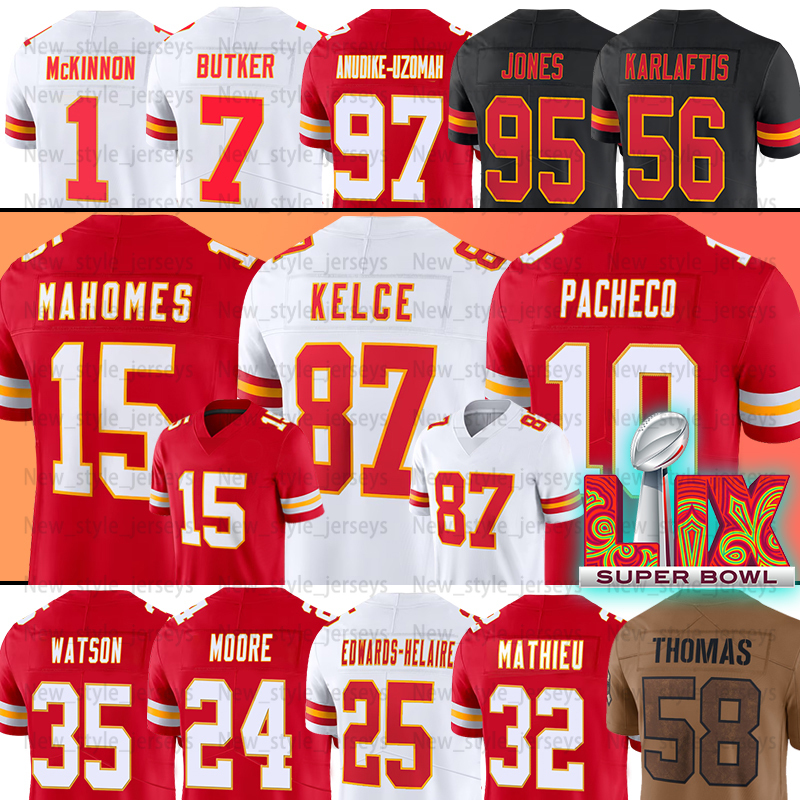 Super Bowl LVX 15 Patrick Mahomes KC Football Jerseys Travis Kelce Chris Jones DeAndre Hopkins Isiah Pacheco George Karlaftis Trent McDuffie Xavier Worthy