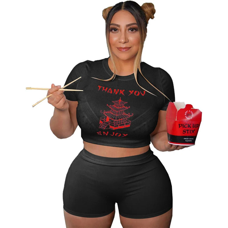Summer plus size womens clothing twopiece wholesale tight fitting set Oneck Tshirt and shorts direct 250122
