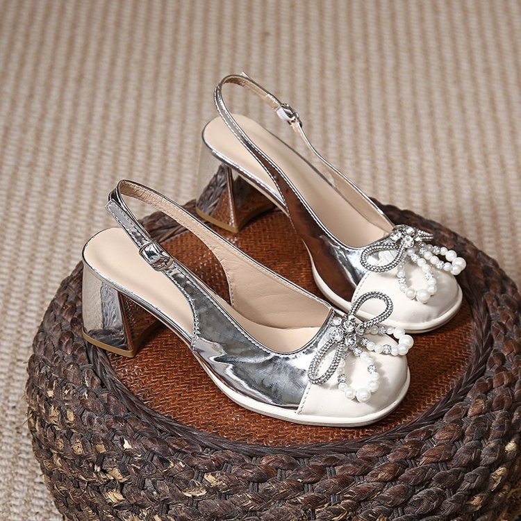 Women Sandals Fashion Pearl Bow Design Shining Versatile High Heel Triple Silver Free shipping