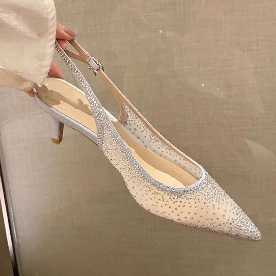 Pointed Toe Mesh Rhies Muller Pumps Female Designer After Empty High-heeled Sandals for Women Wedding Dress Shoes