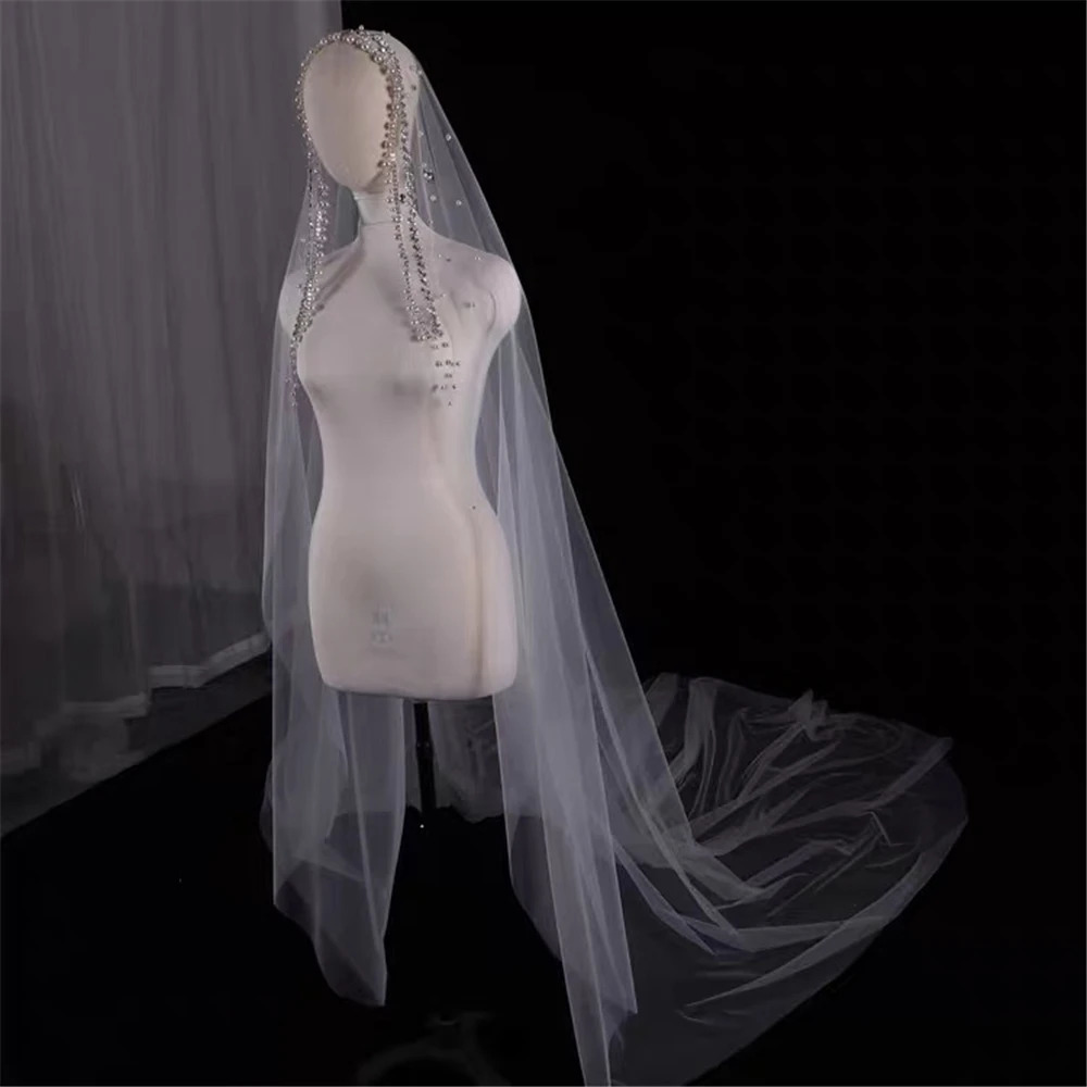 Pearls Wedding Veil 1 Tier Long Bridal Cathedral Veil With Pearls Mantilla Luxurious Tulle Crystal Bride Veil Hair Accessories 250117