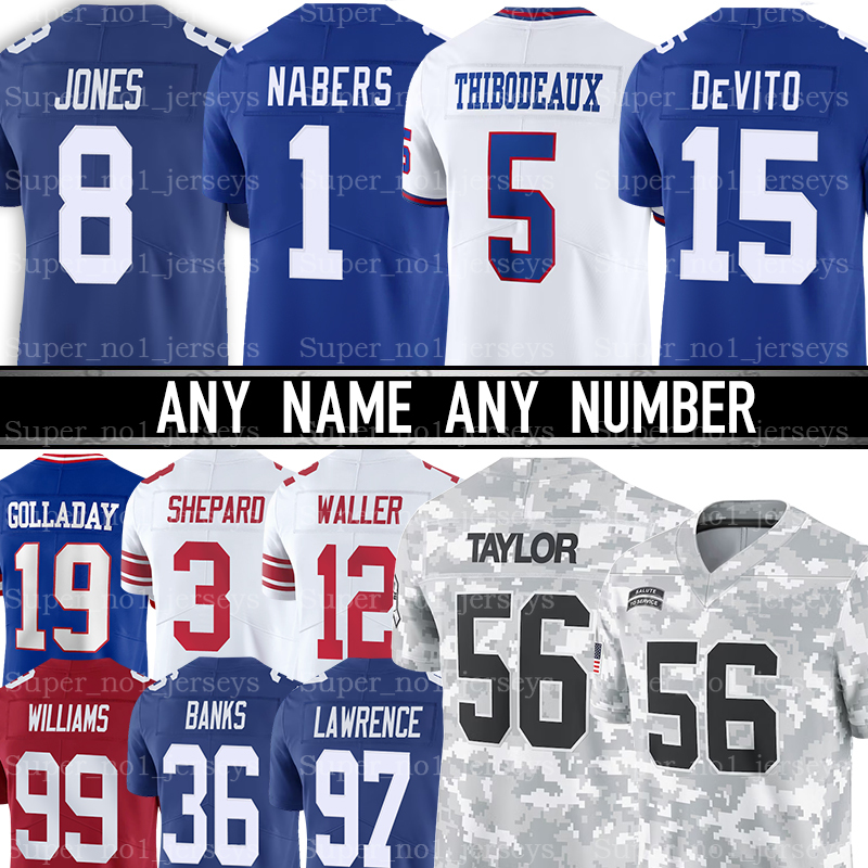 8 Daniel Jones Football Jersey Malik Nabers Kayvon Jalin Hyatt Thibodeaux Brian Burns Deonte Banks Eric Gray Dexter Lawrence II Wan'Dale Robinson