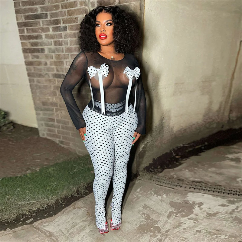 Sexy Mesh See Through Club Night Outfits Women 2 Piece Set Outfit Polka Dot Bow Tie Long Sleeve Top and Split Flare Pants Y2K 250115