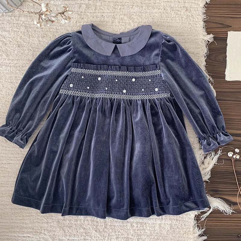 Girls Dress Party Long Sleeve Dress Peter Pan Collar Lace Golden Velvet Loose Dress Embroidery Childrens Clothing Flare Sleeve 250120