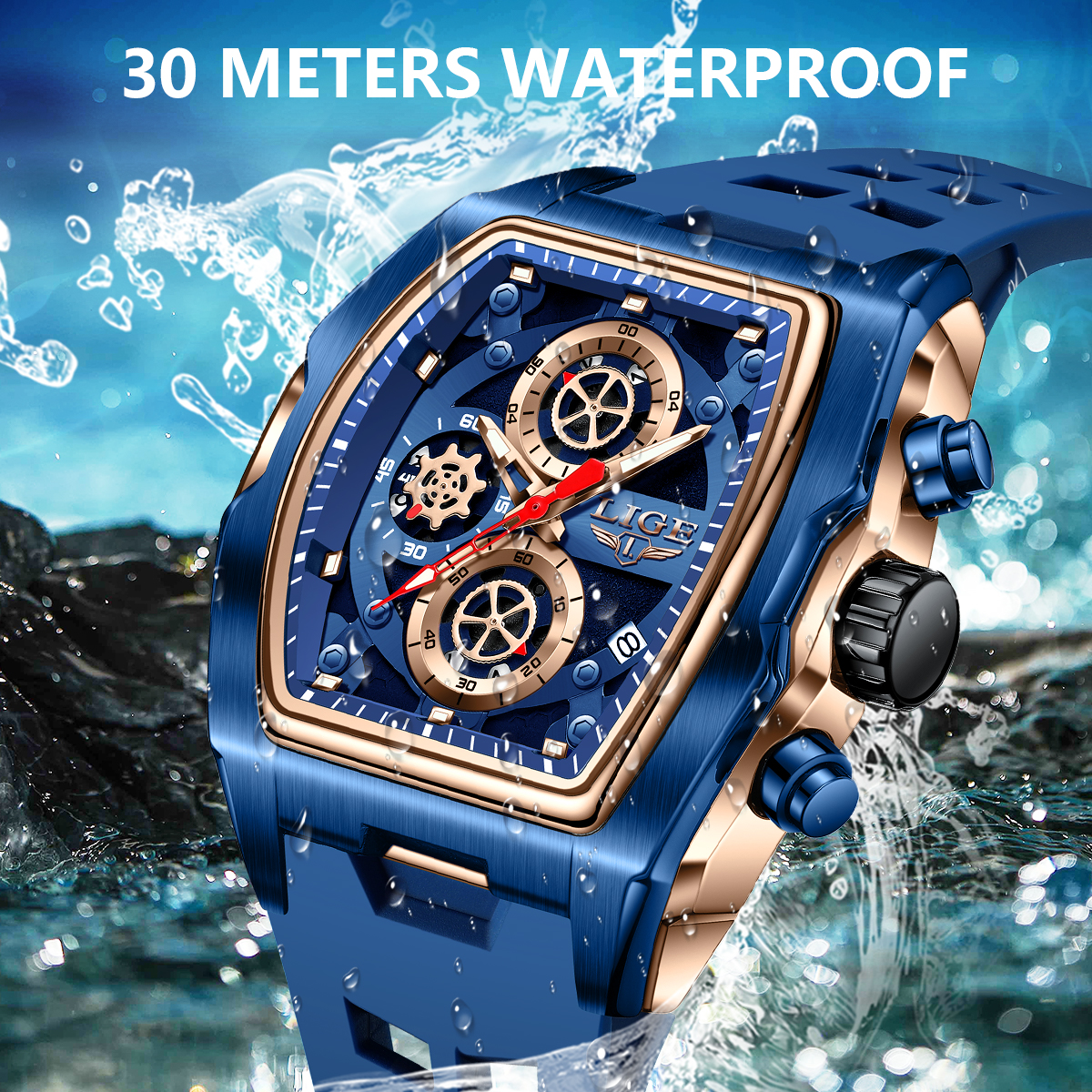 LIGE sports style wine barrel men's watch curved mirror hollowed out men's watch multifunctional luminous calendar waterproof watch