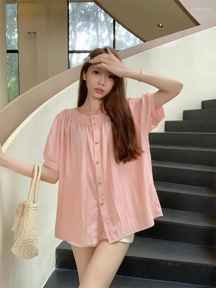 Women's Blouses 2025 Real Spot Plus-size Slightly Fat Pleated Short-sleeved Shirt Summer Single Breasted Loose Slimming Top