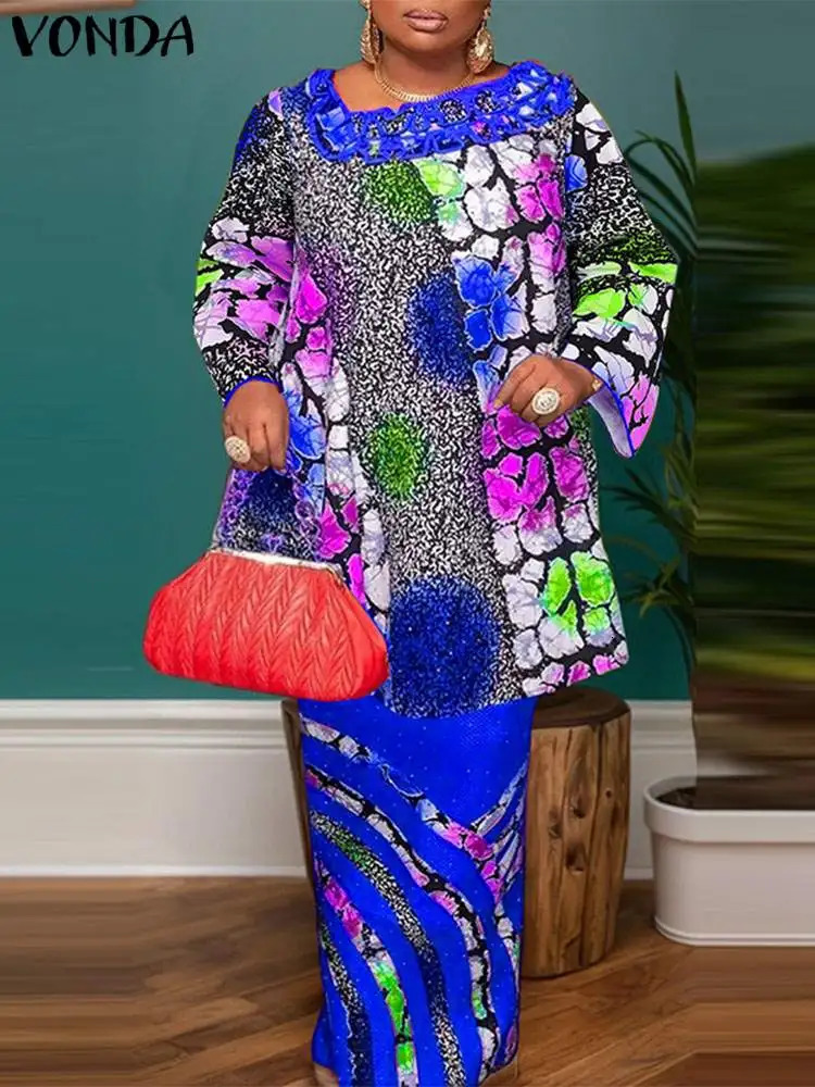Plus Size 5XL VONDA Women Sets Irregular 34 Flare Sleeve Matching Floral Printed Shirts And A Line Skirts Suits 2Pcs 250122