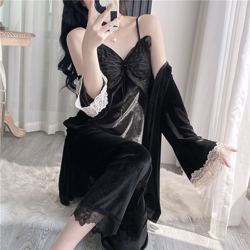 X143-Silk pajamas spring and autumn mid-length home clothes simple luxury silk thin women's nightgown