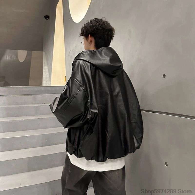 Oversized Vintage Loose Pu Leather Puff Sleeves Short Jacket Men Women Streetwear Male Zipper Retro Moto Biker Coat Outwear 250110Z