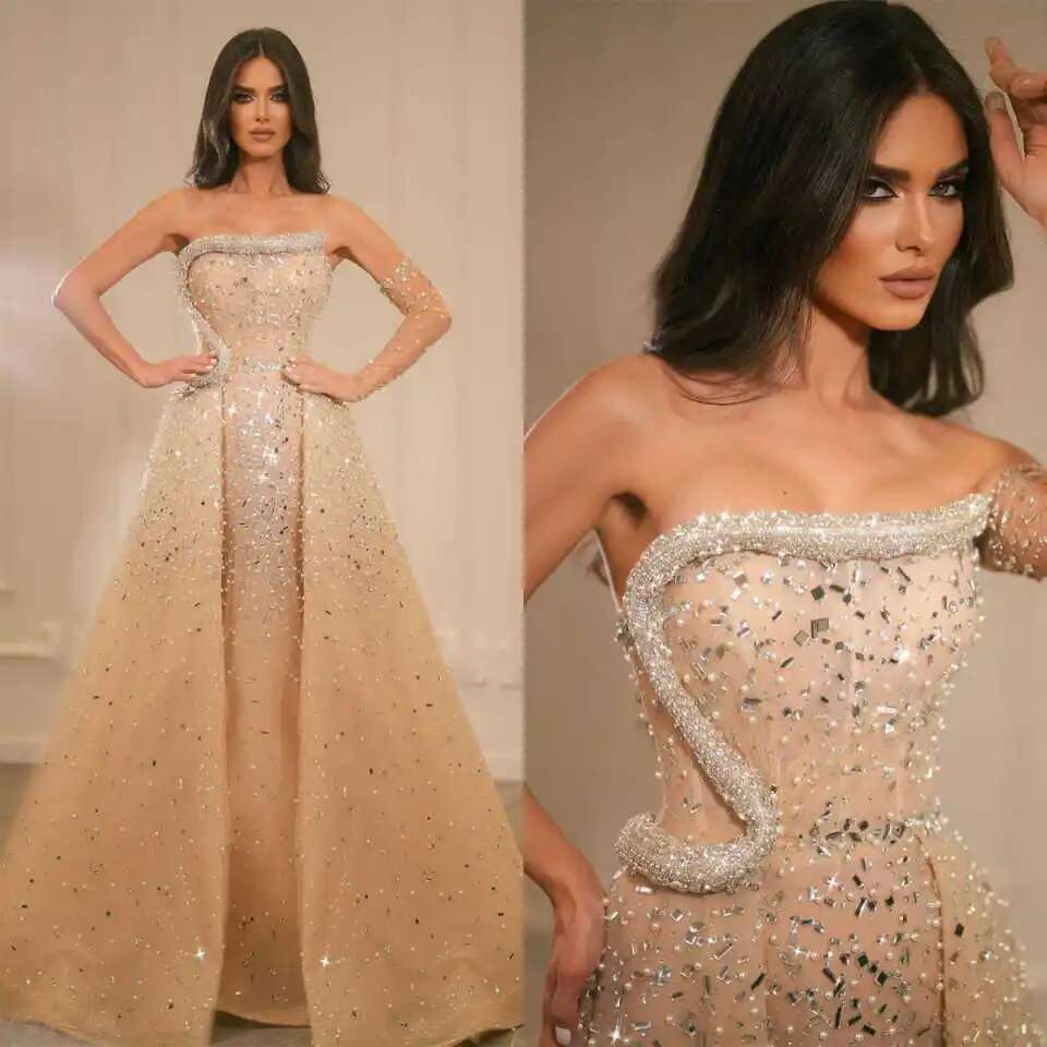 Mermaid Evening Dresses Strapless Beads Crystals Sleeveless Pearls Custom Ball Party Dress 6660311