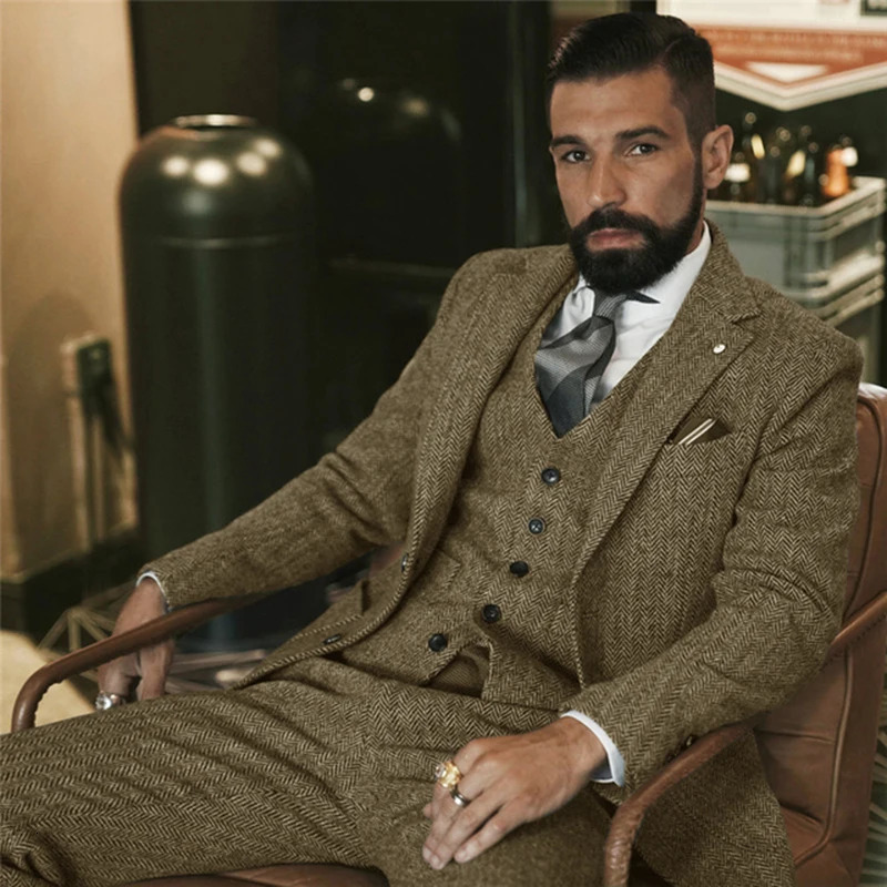 Gray Wool Tweed Winter Suit for Men Herringbone Slim Fit Formal Groom Tuxedo 3 Piece Wedding Male Suits JacketVestPants 250107Z