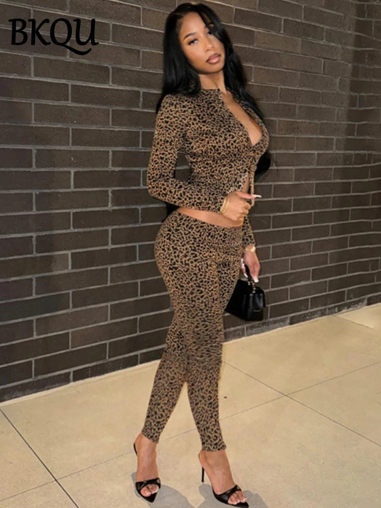 BKQU Leopard Print 2 Piece Set Women Long-Sleeved Button Crop Top High Waist Leggings Stretch Sexy Midnight Club Matching Suits 250117