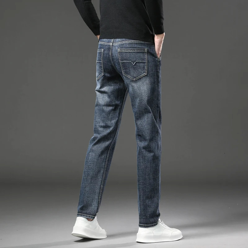 Winter Mens Warm Jeans Thicken Fleece Slim Straight Soft Elastic Business Casual Denim Pants Male Trousers Blue Gray 250116