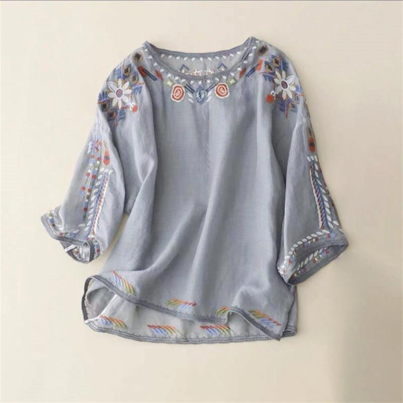 Women's Blouses Summer Ethnic Wind Embroidery Cotton And Linen Loose Plate Buckle Horn Sleeve Women Tennis Shirts Plain T