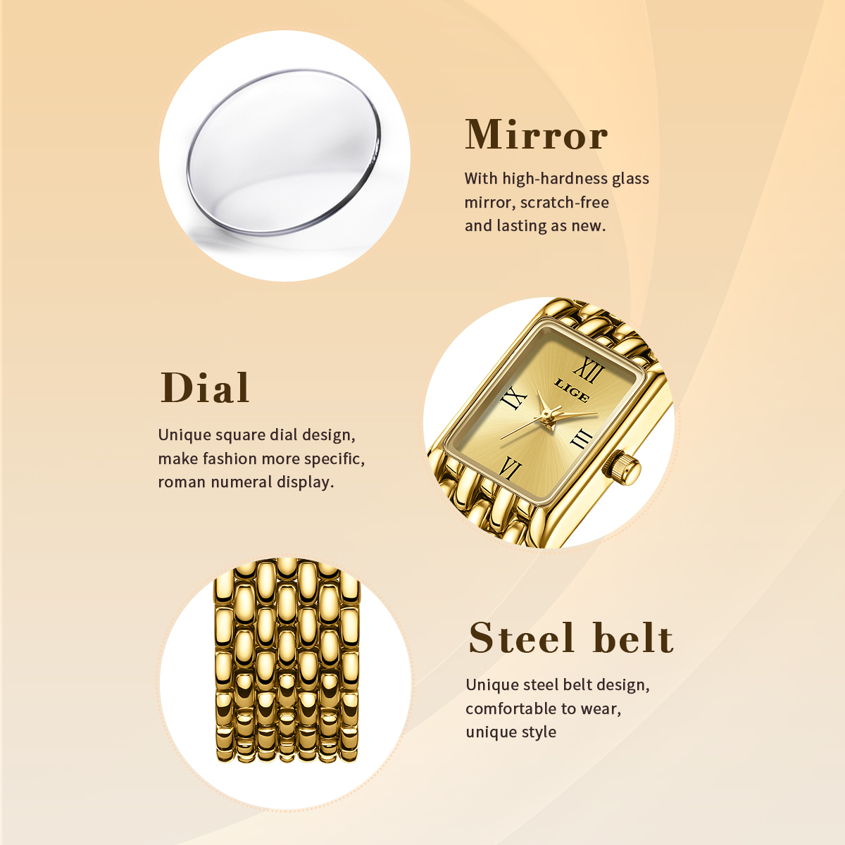 LIGE new stainless steel strip men's business watch personalized square fashion multifunctional waterproof three pin quartz watch
