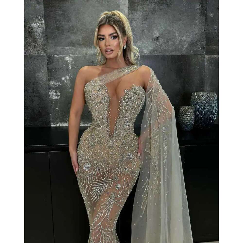 Mermaid Evening Dresses Strapless Beads Strass Sleeveless Train Scan Prom Party Dress Made To Order 6660311