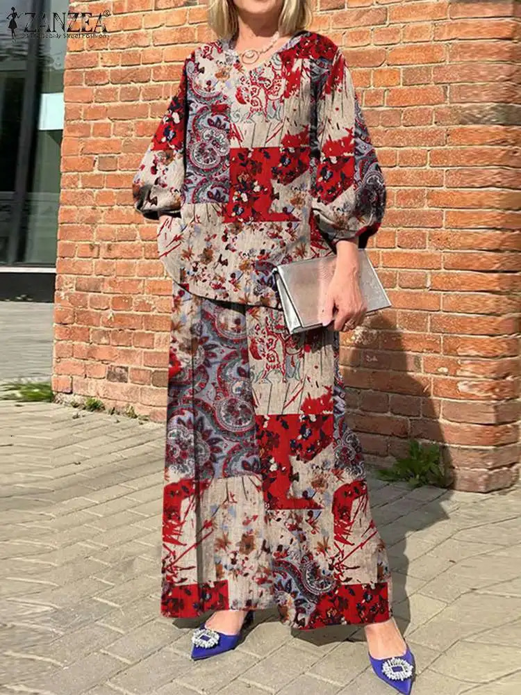 Plus Size ZANZEA Bohemian Matching Sets Casual Printed 2pcs Suits 2023 Women 34 Sleeve Tops Tracksuit Autumn Wide Leg Pant 250122