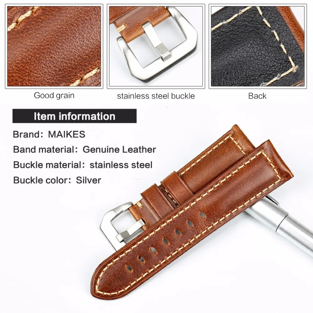 MAIKES High Quality Watchband Brown Vintage Oil Wax Leather Strap Watch Band 20mm 22mm 24mm 26mm Watch Accessories For Panerai 250121