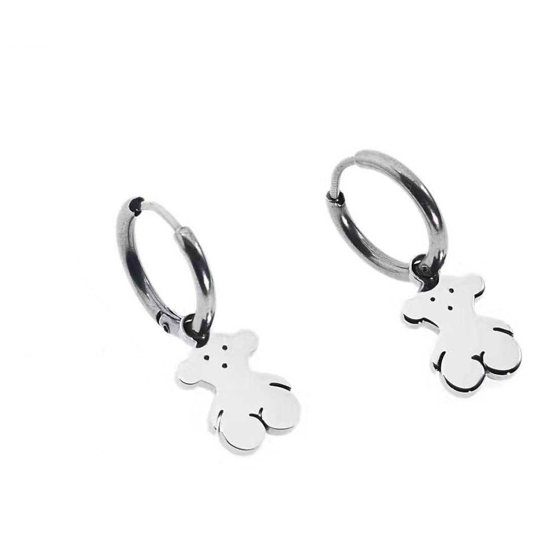Fashion Women Bear Silver Rose Gold Stainless Steel Animal Span Letter Circle Hoop Earrings Jewelry A Gift