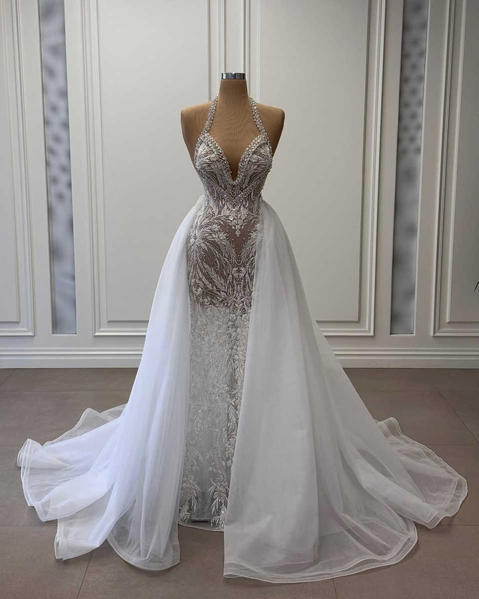 Sexy Mermaid Wedding Dresses Beading Halter Illusion Lace Appliques Bridal Gowns Custom Made Bride Dress With Detachable Train