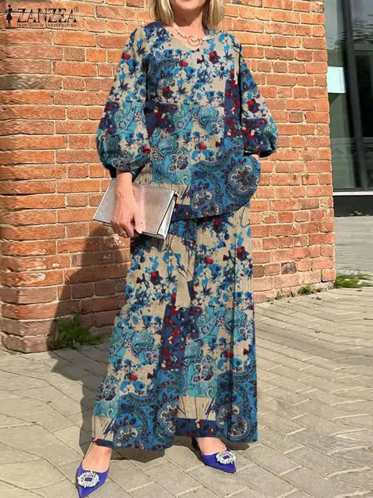 Plus Size ZANZEA Bohemian Matching Sets Casual Printed 2pcs Suits 2023 Women 34 Sleeve Tops Tracksuit Autumn Wide Leg Pant 250122