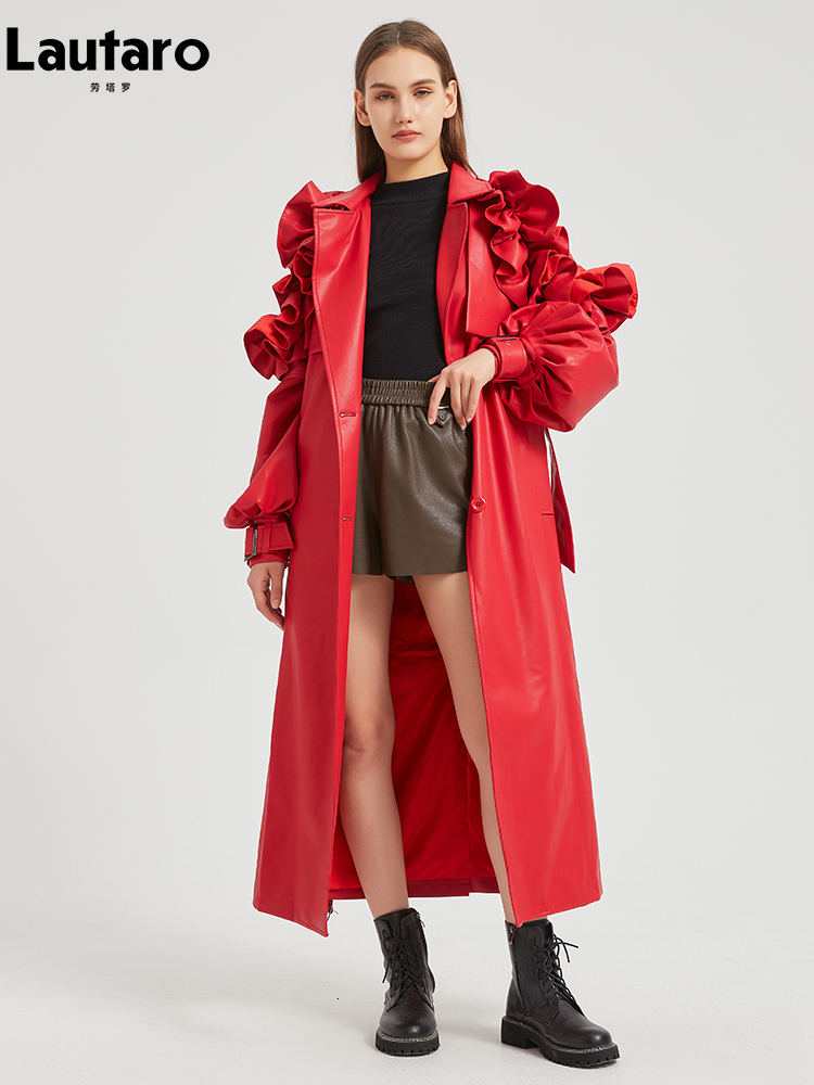 Lautaro Spring Autumn Long Ruffled Soft Pu Leather Trench Coat For Women Belt Elegant Designer Clothes Runway Fashion