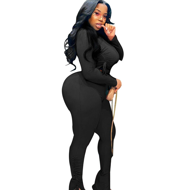 Sexy Plus Size Women Clothing Ribbed Long Sleeve Crop Top and Pants Sets Bodycon Ladies 2 Piece Outfits Wholesale Drop 250122