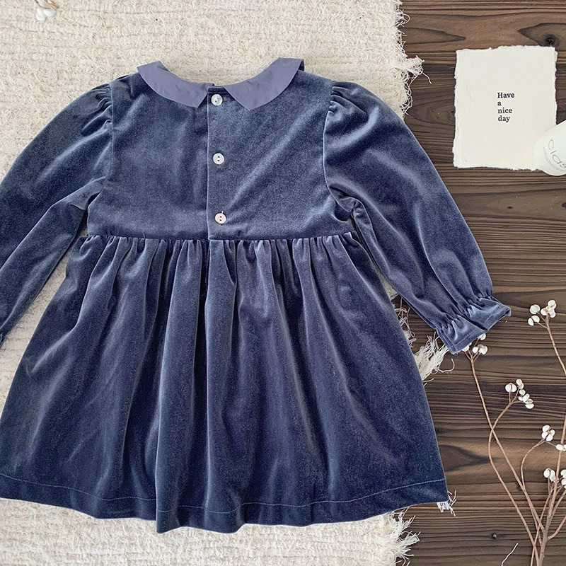 Girls Dress Party Long Sleeve Dress Peter Pan Collar Lace Golden Velvet Loose Dress Embroidery Childrens Clothing Flare Sleeve 250120