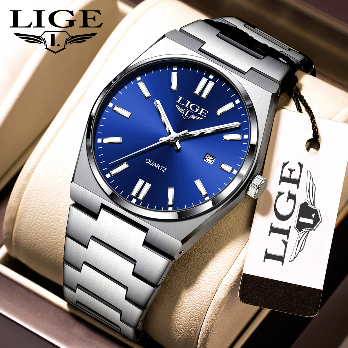 LIGE fashionable and simple men's quartz watch new stainless steel strap large dial watch multifunctional calendar night light business watch