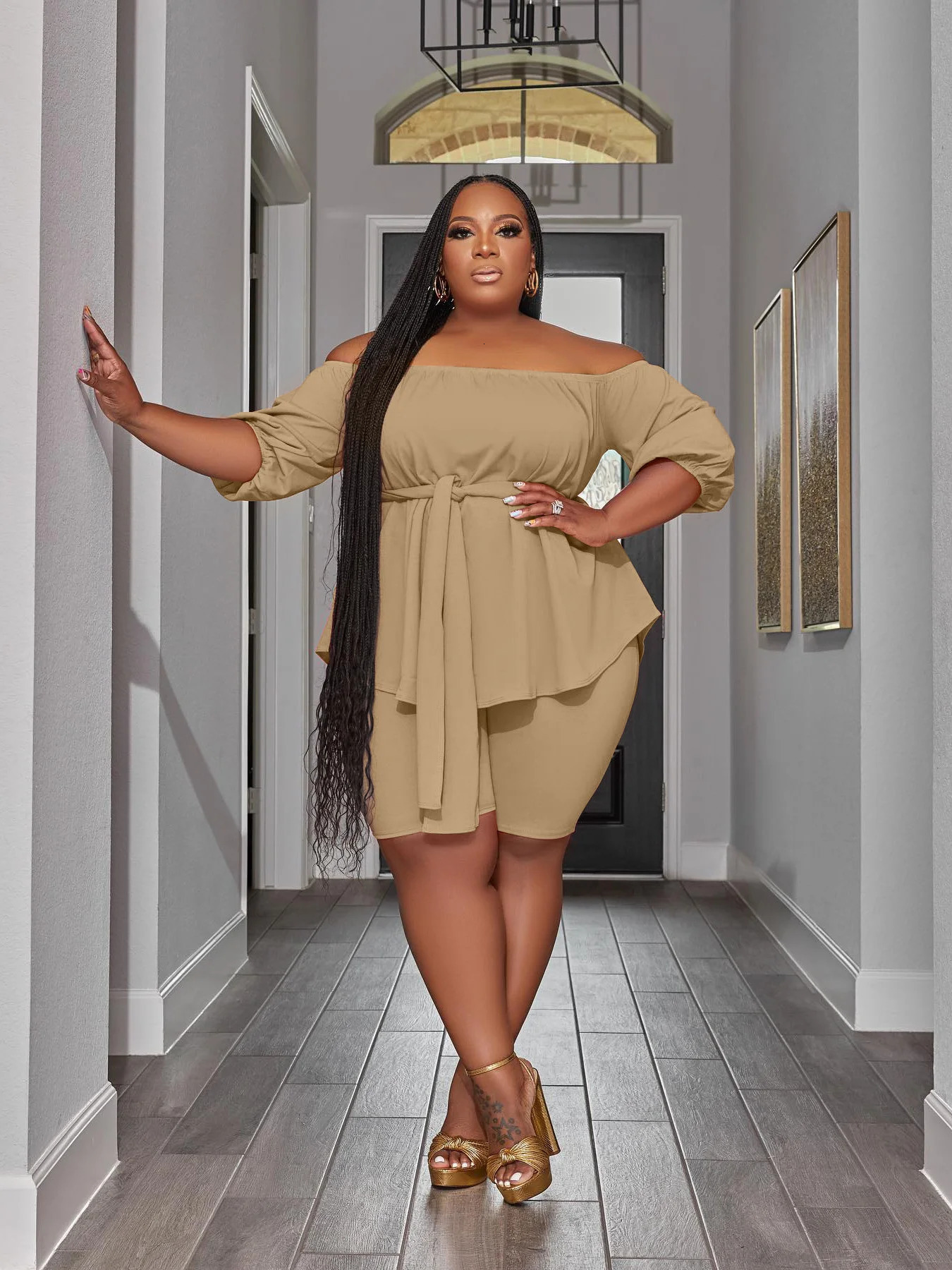 Wmstar Plus Size Two Piece Outfit In Matching Shorts Sets Loose Top with Bandage Summer Wholesale Drop 2023 250122