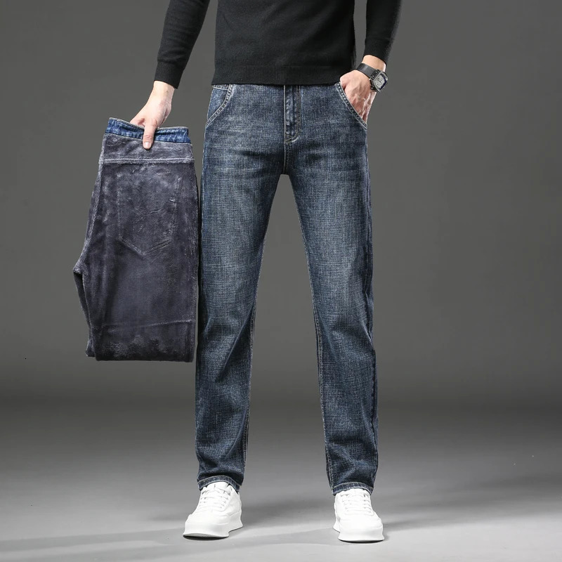 Winter Mens Warm Jeans Thicken Fleece Slim Straight Soft Elastic Business Casual Denim Pants Male Trousers Blue Gray 250116