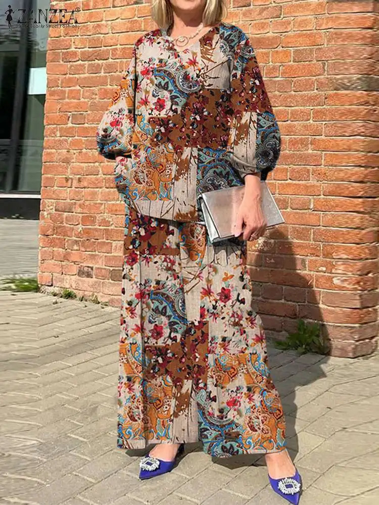 Plus Size ZANZEA Bohemian Matching Sets Casual Printed 2pcs Suits 2023 Women 34 Sleeve Tops Tracksuit Autumn Wide Leg Pant 250122