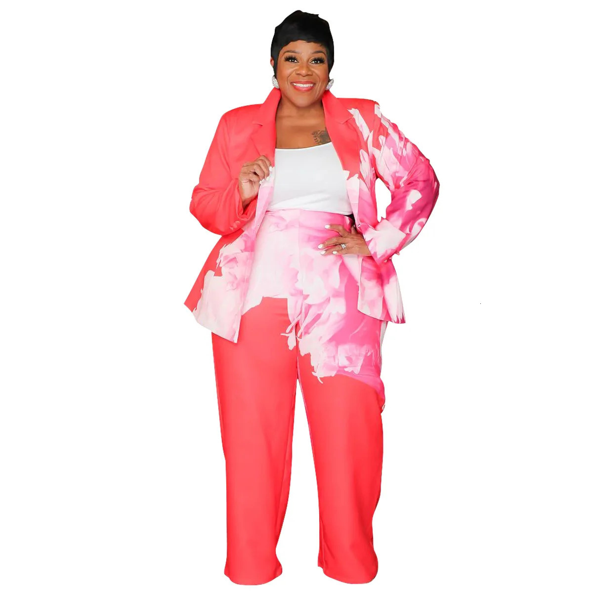 Plus Size Floral Printed Two Pieces Set Spring Long Sleeve Button Blazer Top Wide Leg Pants Oversized Sets Office Lady Tracksuit 250122