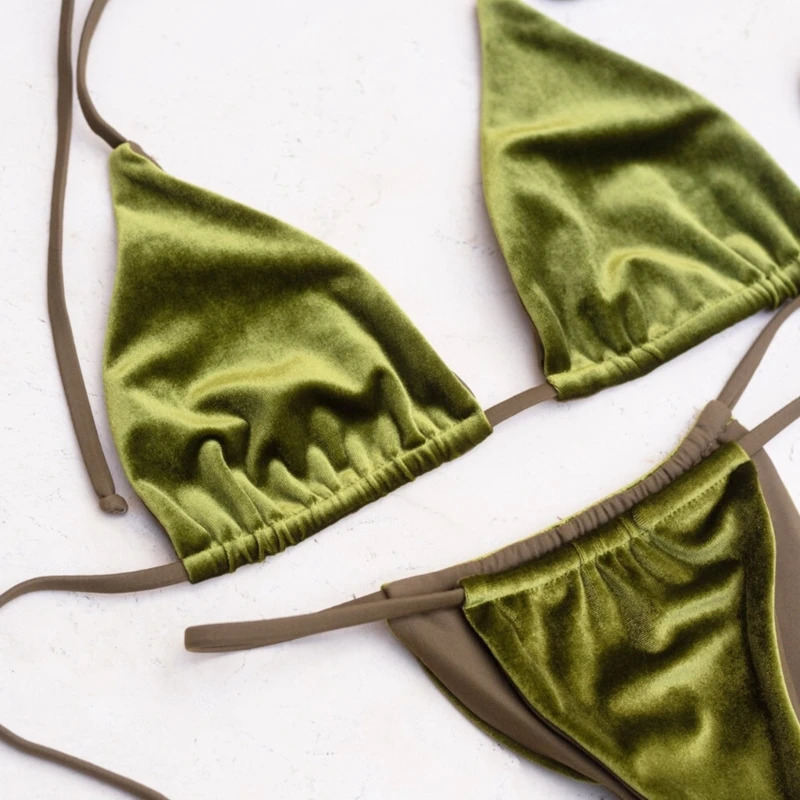 Summer Halter Bikini Set Backless Swimwear Two Pieces Swimsuit Beachwear Fashion Velvet Bathing Suits for Women Female 250118