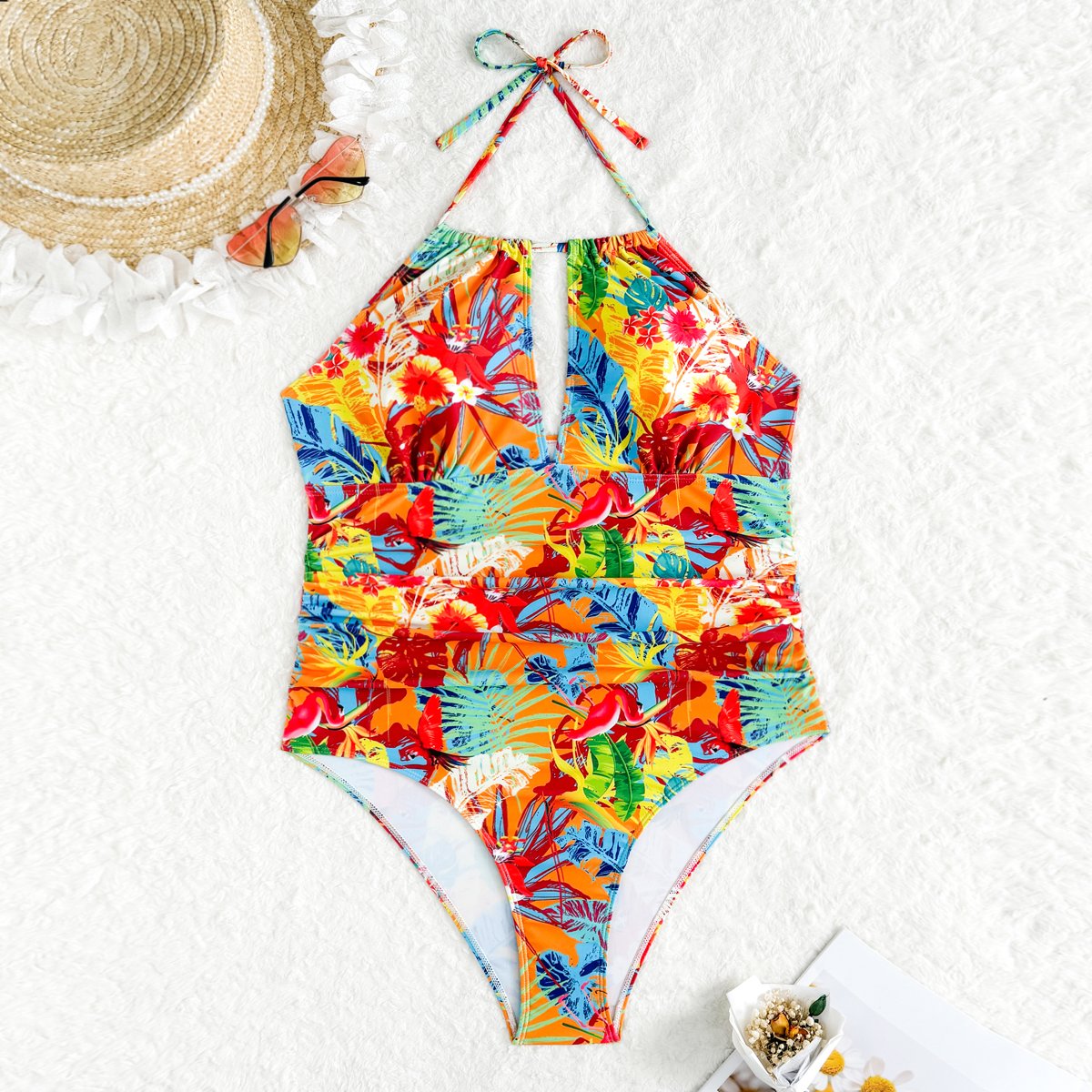 Plus Size Elegant Women's One-Piece Swimsuit with Colorful Floral Print, Halter Neck Backless Design,Women's Tummy Control Swimwear