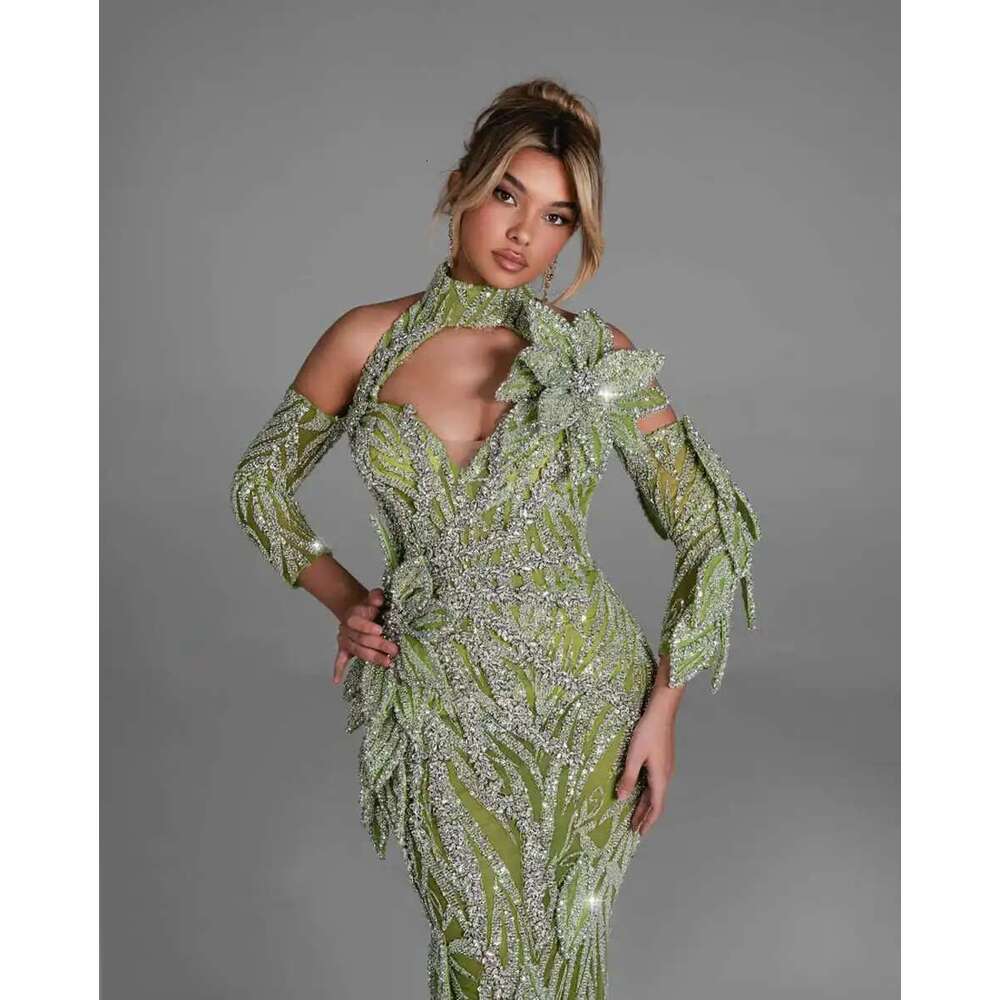 Pretty Evening Dresses Mermaid High Neck Lace Strass Long Sleeve Prom Party Dress Made to Order