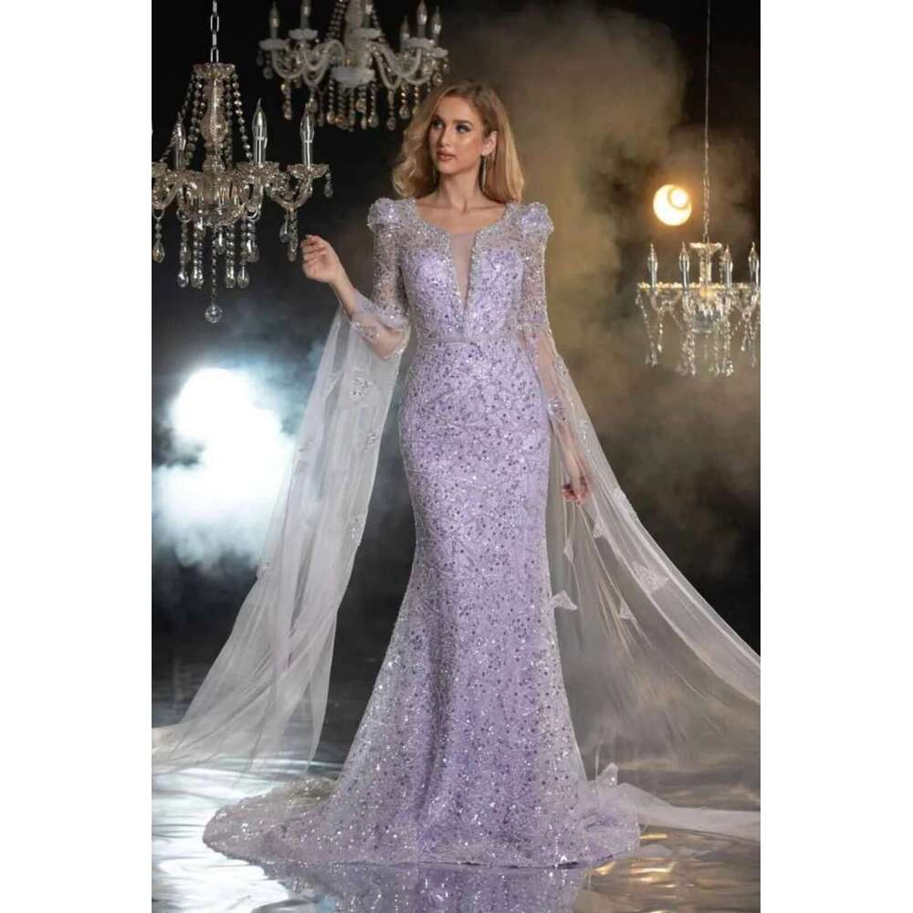 New Design Mermaid Evening Dresses O-Neck Laces Sequins Long Sleeve Prom Custom Party Dress 6660311