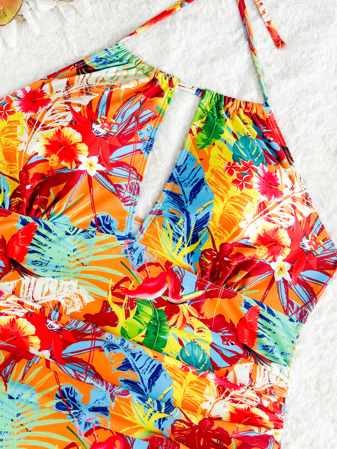 Plus Size Elegant Women's One-Piece Swimsuit with Colorful Floral Print, Halter Neck Backless Design,Women's Tummy Control Swimwear
