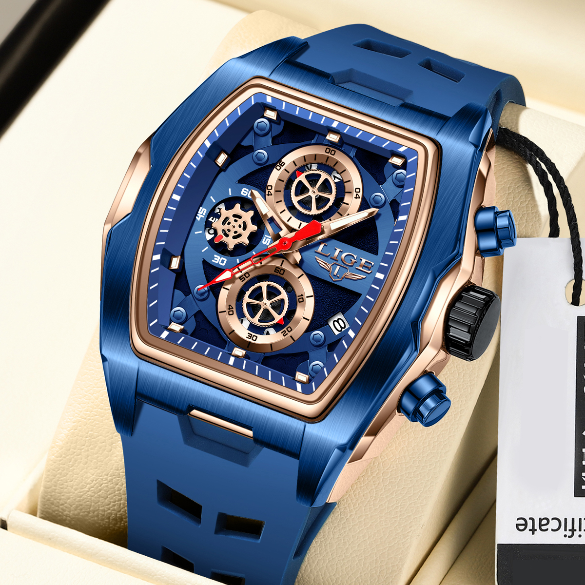 LIGE sports style wine barrel men's watch curved mirror hollowed out men's watch multifunctional luminous calendar waterproof watch