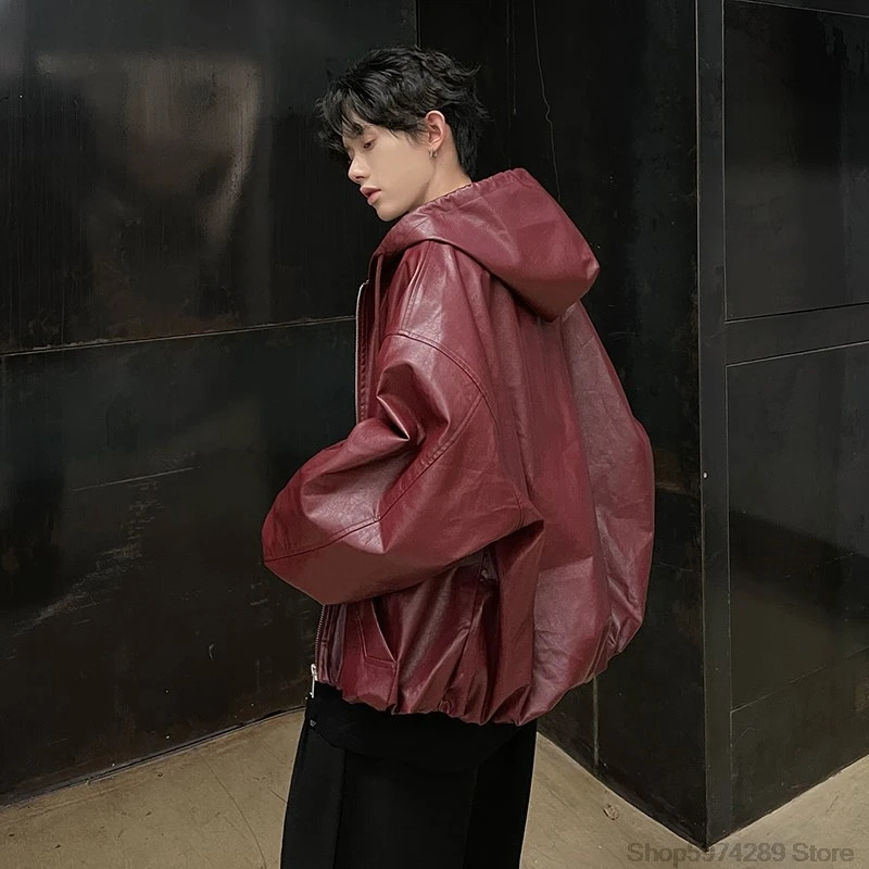 Oversized Vintage Loose Pu Leather Puff Sleeves Short Jacket Men Women Streetwear Male Zipper Retro Moto Biker Coat Outwear 250110Z