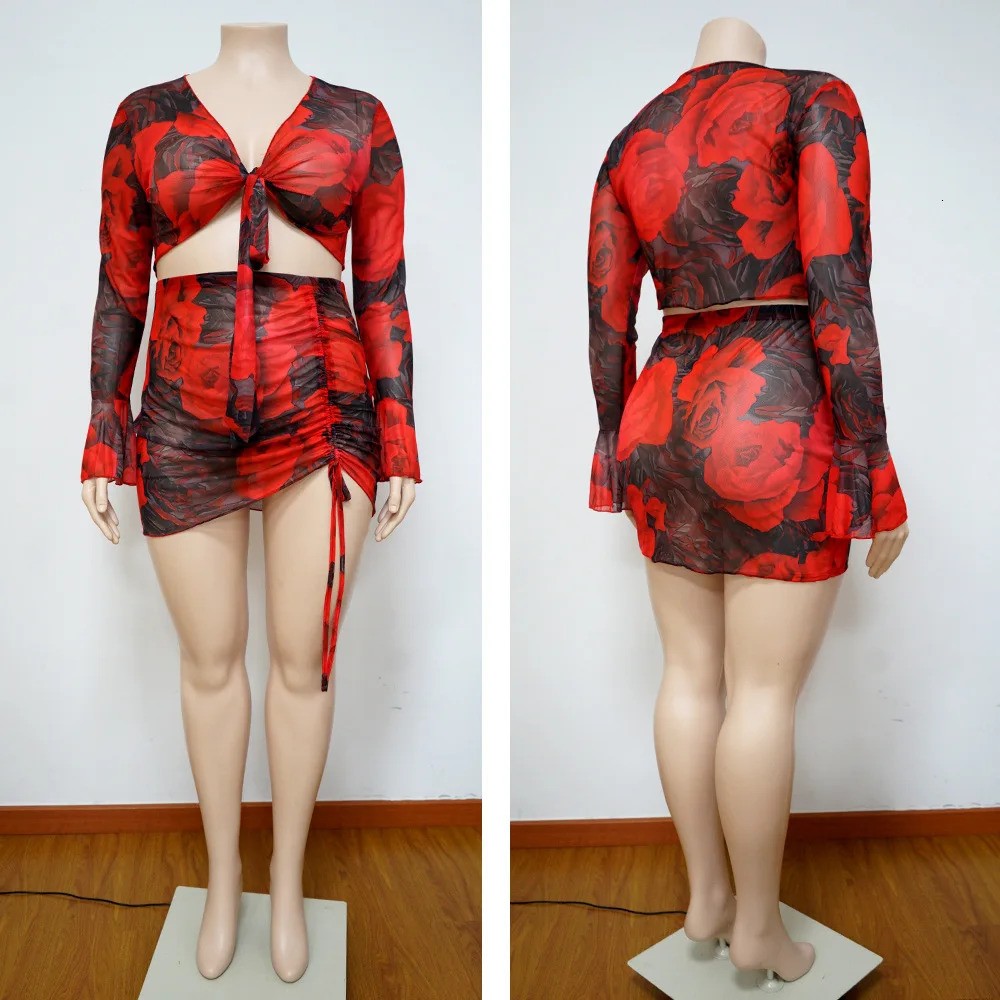 Floral Print Plus Size Matching Set Women Elegant Ruched Skirt Summer Female Casual Mesh Crop Top Large Two Piece Short 250122